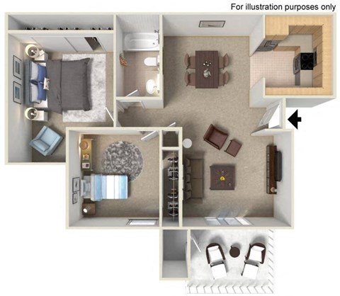 a 3d floor plan of a house with a bedroom and a living room